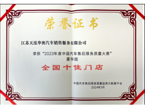 2023年度中國汽車售后服務(wù)質(zhì)量大賽”豪華品牌組“全國十佳門店”